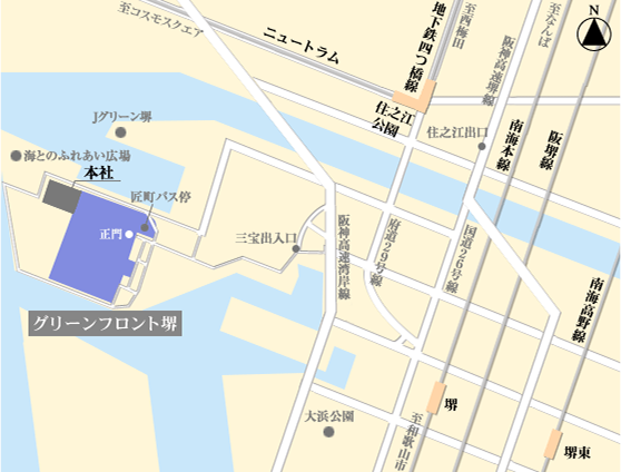 住之江公園駅周辺の地図。本社の場所、バス停、電車や高速道路の路線が示されている。