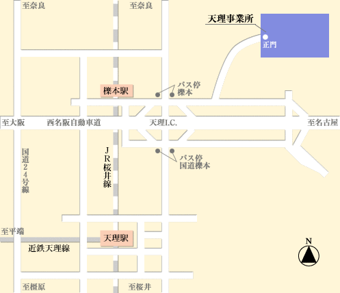 JR桜井線と近鉄天理線が交差する天理駅周辺の地図。天理IC、西名阪自動車道、国道24号線、そして天理事業所の位置、バス停、櫟本駅が示されている。